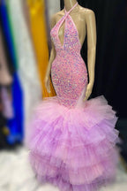 Halter Sequins Tulle Tiered Mermaid Sleeveless Prom Dress