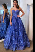 Sweetheart Blue Sequin Lace Corest Long Dresses