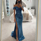 Women Mermaid Maxi Evening Dresses 2026 Elegant Off-Shoulder Sequin Split Formal High Waist Prom Dresses For Party Customized
