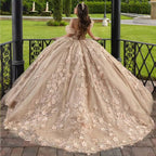 Champagne Beaded Ball Gown Detachable Sleeves Quinceanera Dress 2026
