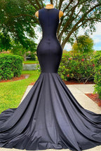 Black Long Sleeveless Strapless Satin Lace Appliques Mermaid Prom Dress