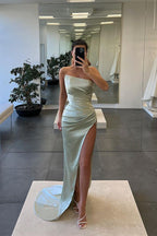 Long Mermaid Strapless Sleeveless Satin Prom Dress with Slit