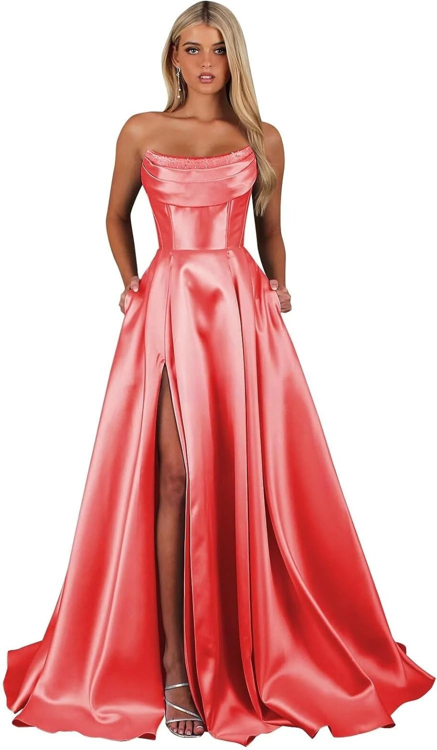 Strapless Corset Prom Dresses for Women with Slit Long Satin Formal Evening Gowns with Pockets Elegant Sleeveless Party Dress