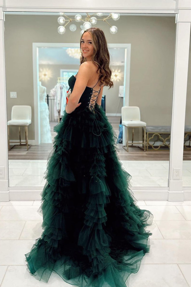 Sweetheart Ruffle Tiered Tulle Long Prom Dresses with Slit