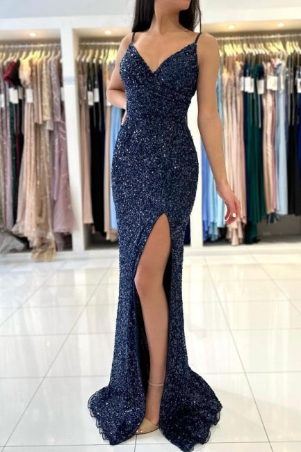 Dark Blue Long Glitter Spaghetti Straps V-neck Evening Dresses With Slit