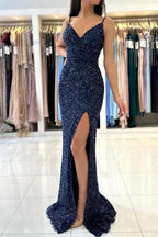 Dark Blue Long Glitter Spaghetti Straps V-neck Evening Dresses With Slit
