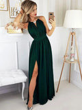 Dark Green Long A-line Halter Backless Formal Prom Dresses with Slit