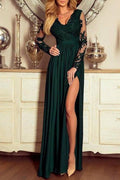 Dark Green Long A-line V-neck Lace Front Slit Prom Dress with Sleeves
