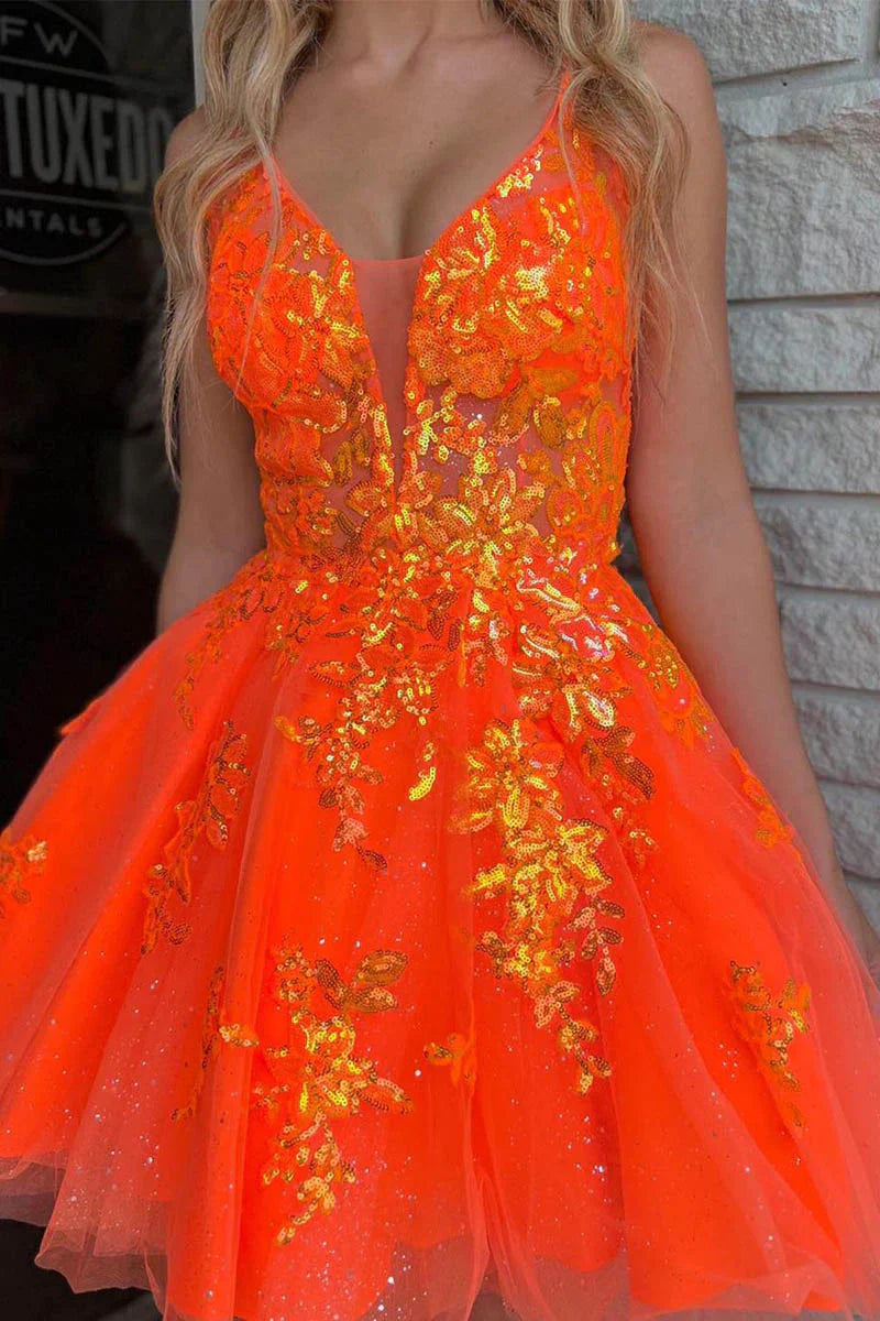 Lace Plunge V Backless A-Line Short Homecoming Dress