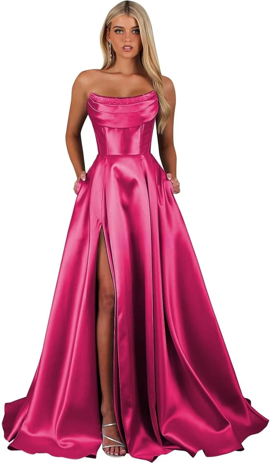 Strapless Corset Prom Dresses for Women with Slit Long Satin Formal Evening Gowns with Pockets Elegant Sleeveless Party Dress