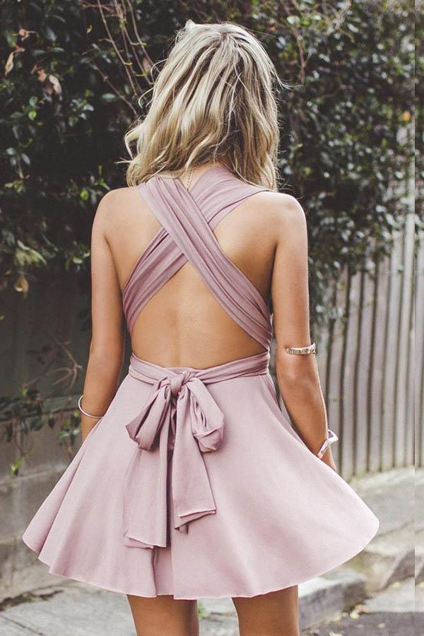 Deep V-Neck Criss-Cross Straps Short Blush Satin Homecoming Dress