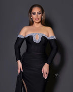 Deluxe Black Floor Length Long Sleeves Mermaid Satin Prom Dress with beads