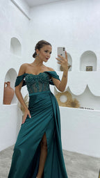 Deluxe Floor Length Off-The-Shoulder Sleeveless Mermaid Satin Prom Dress with Split