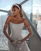 Deluxe Floor Length Strapless Sleeveless Sequined Wedding Dress with Ruffles