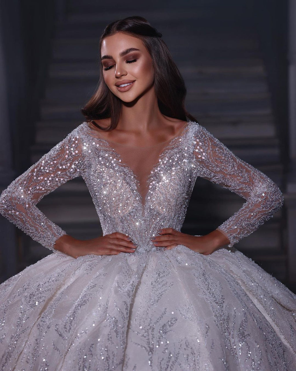 Deluxe Floor Length Sweetheart Long Sleeves A-Line Sequined Wedding Dress with Ruffles