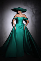 Designer Column Satin Off-The-Shoulder Sleeveless Prom Dress With Ruffles Train