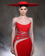 Designer Column Tulle Satin One Shoulder Sleeveless Red Prom Dresses With Beading