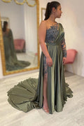 Designer Long A-line Lace Split Evening Dresses With Long Sleeve