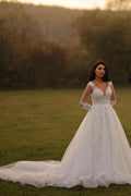 Designer Long A-line V-neck White Lace Wedding Dresses with Long Sleeves