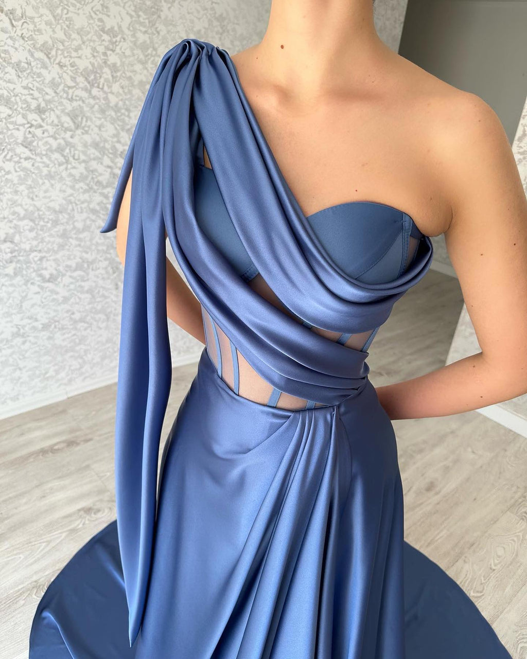 Designer Long Blue A-line One Shoulder Sleeveless Prom Dress