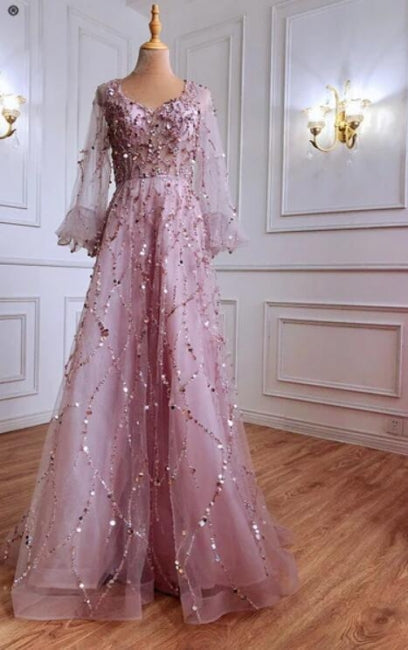 Designer Long Gold A-line Lace Sequined Long Sleeves Evening Dresses With Glitter