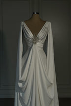Designer Long Ivory A-line V-neck Satin Wedding Dress with Long Sleeves