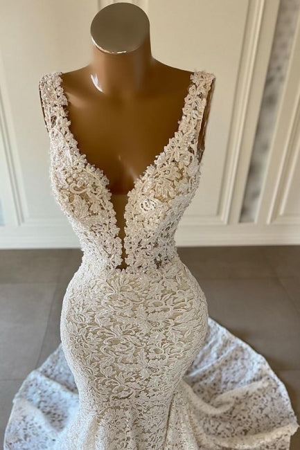 Designer Long Mermaid V-neck Sleeveless Wedding Dresses With Lace