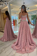Designer Long Pink Spaghetti Straps Evening Dresses With Lace