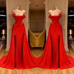 Designer Long Red A-line Sleeveless Satin Sexy Prom Dress With Slit