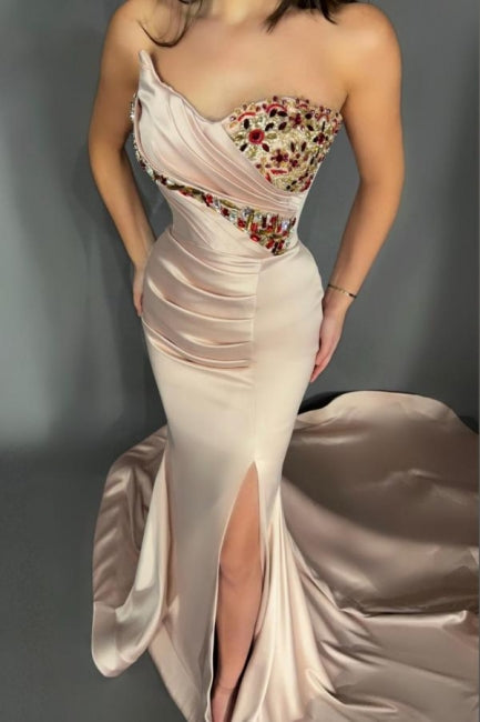 Designer Long Sweetheart Sleeveless Split Mermaid Evening Dresses With Glitter