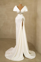 Designer Long White Mermaid Off-the-shoulder Jewels Wedding Dress with Slit