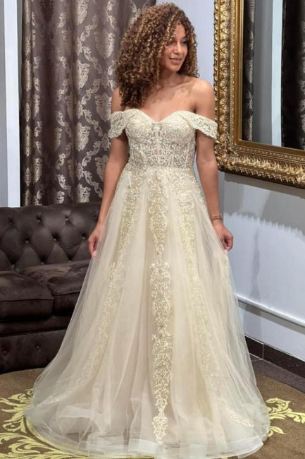 Designer Off-the-shoulder A-line Long Evening Dresses With Lace