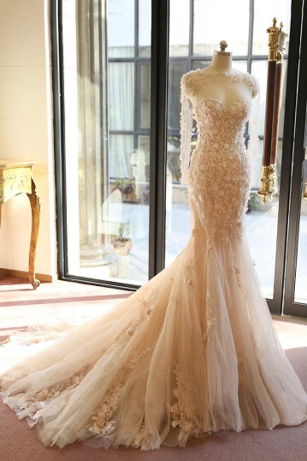 Designer Open Back Sheer Flowers Long Sleeve Mermaid Wedding Dress