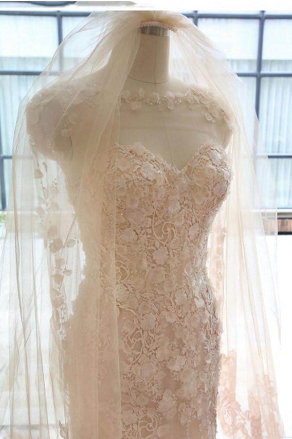 Designer Open Back Sheer Flowers Long Sleeve Mermaid Wedding Dress
