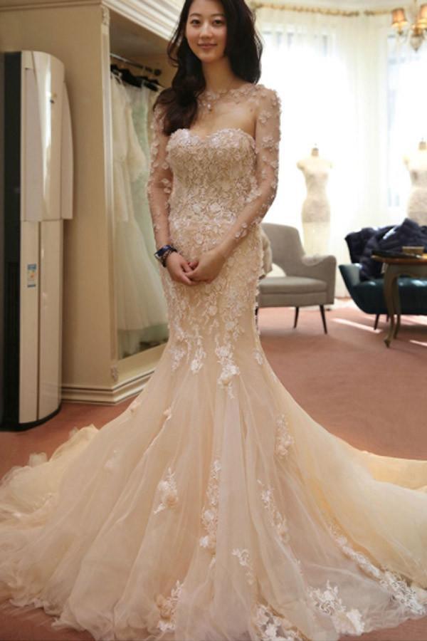 Designer Open Back Sheer Flowers Long Sleeve Mermaid Wedding Dress
