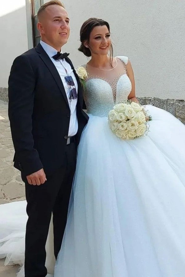 Designer Princess Long A-line Sequined Sleeveless Wedding Dresses