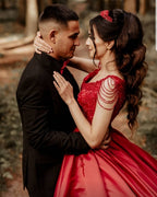 Designer Red A-Line Sleeveless Wedding Dresses With Lace