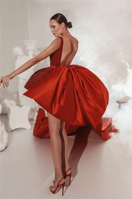 Designer Red Lace Straps Cocktail Dresses Short Glitter Sleeveless Prom Dresses