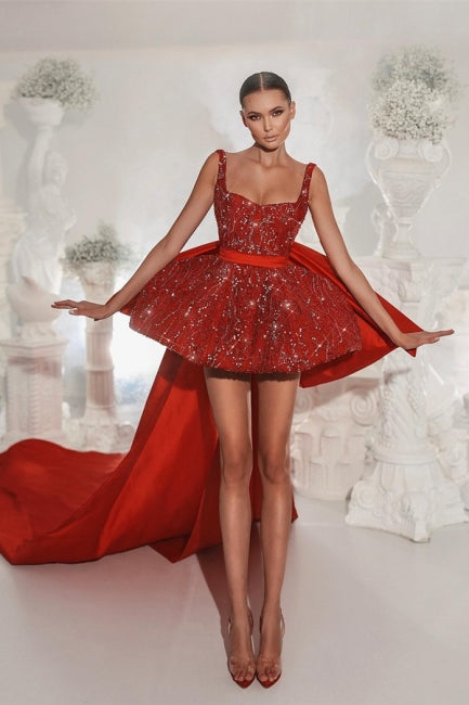 Designer Red Lace Straps Cocktail Dresses Short Glitter Sleeveless Prom Dresses