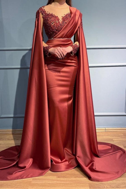 Designer Red Long Mermiad V-neck Lace Evening Dresses With Sleeves