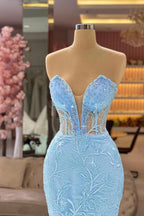 Designer Sky Blue V-neck Sleeveless Mermaid Prom Dress With Lace
