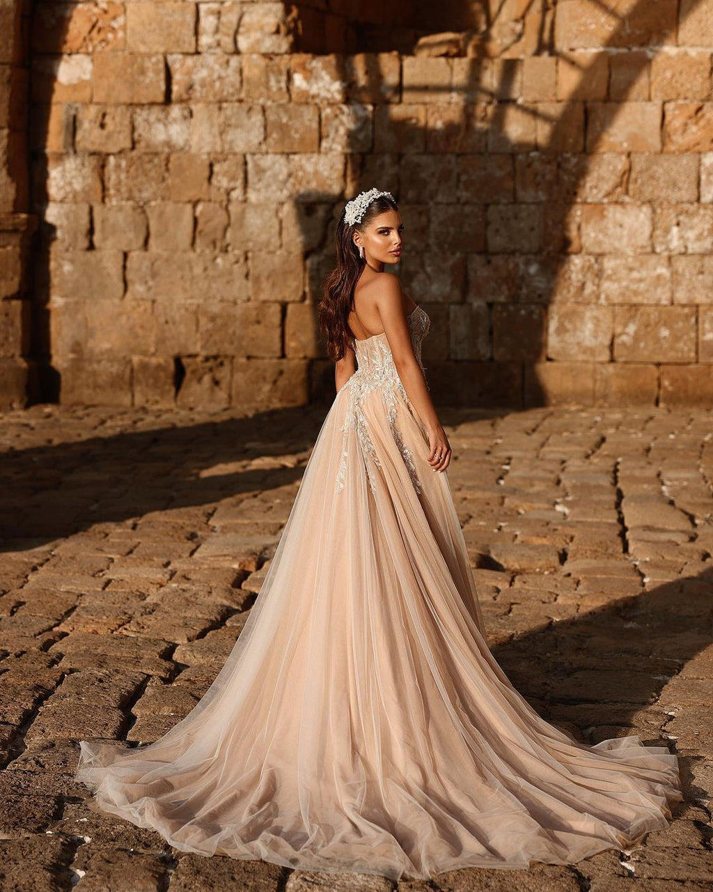 Designer Sweetheart Long A-line Glitter Lace Wedding Dress With Slit