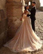 Designer Sweetheart Long A-line Glitter Lace Wedding Dress With Slit