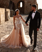 Designer Sweetheart Long A-line Glitter Lace Wedding Dress With Slit