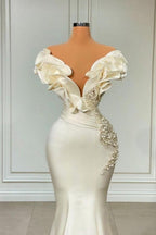 Designer White Long Pearl Ruffle Evening Dresses