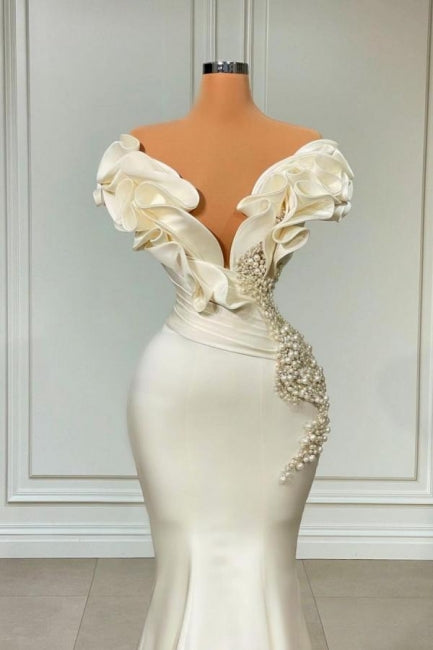 Designer White Long Pearl Ruffle Evening Dresses
