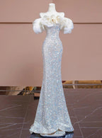 Luxury Silver Mermaid Sequins Beading Prom Dress Formal Evening Dress Y7614