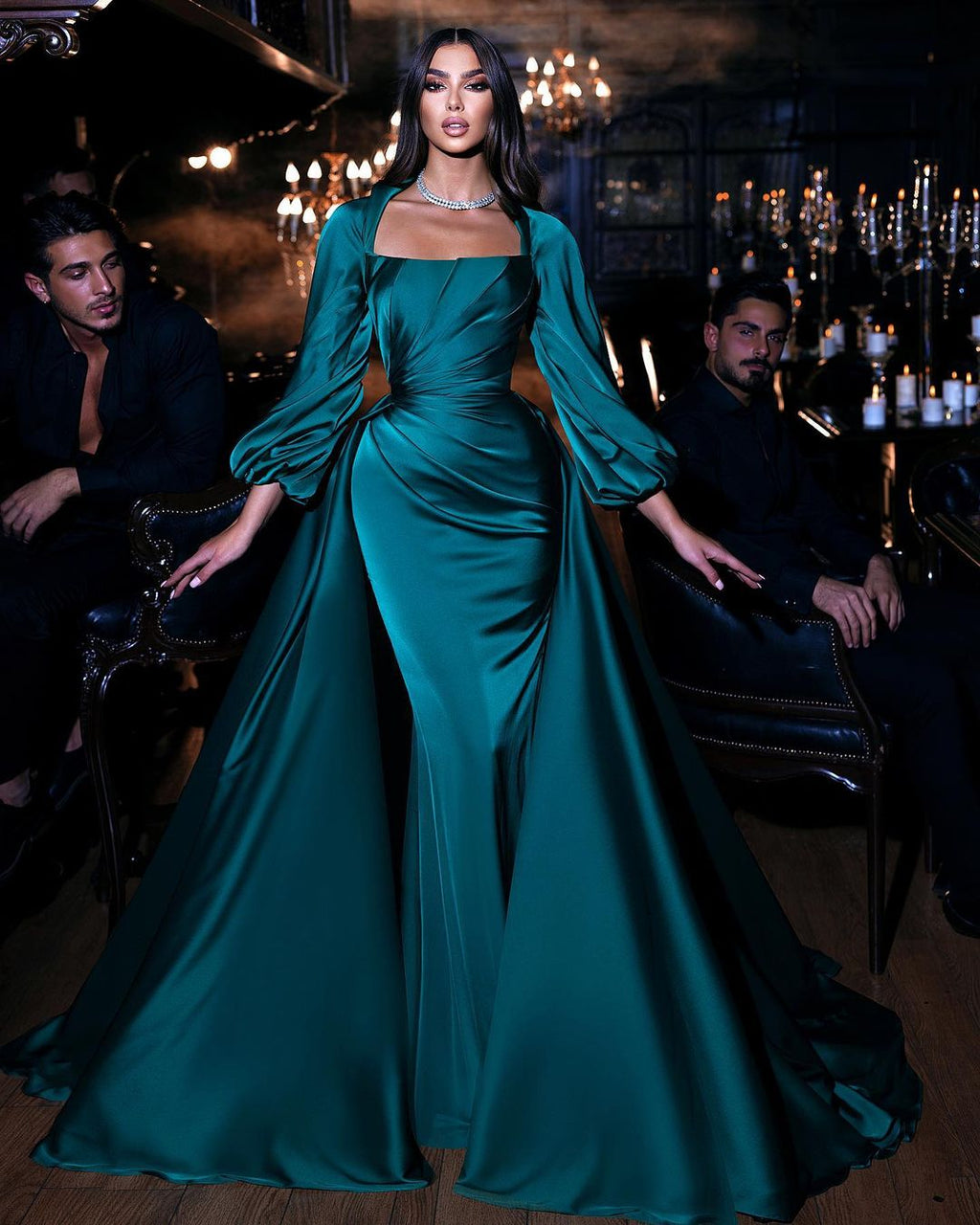 Dignified Green Square Neckline Long Sleeve Column Floor-length Wedding Dresses with Train