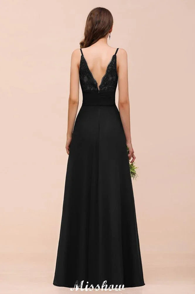 Double V-Neck Front Split Bridesmaid Dress Formal Party Dress for Wedding Black