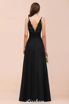 Double V-Neck Front Split Bridesmaid Dress Formal Party Dress for Wedding Black
